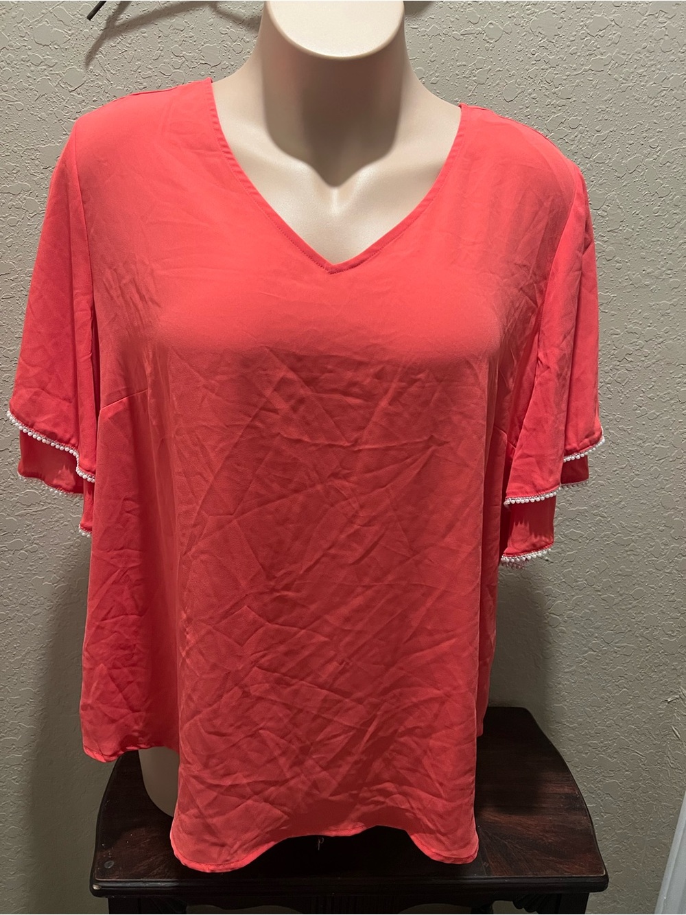 New York & Company Coral V-Neck Flutter Sleeve Top